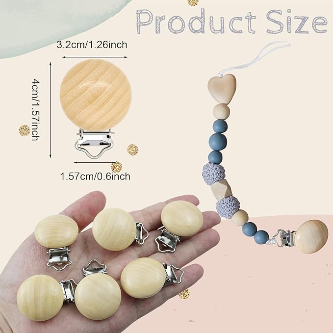 20 Pieces Wood Pacifier Clips Teething Grasping Toy Suspender Clips Natural Beech Wood Pacifier Clip Holder Charm DIY Pacifier Clips Chain Accessories