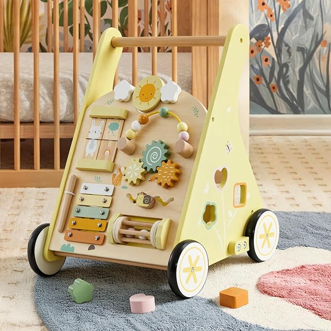 labebe Wooden Baby Walker, Push Walker for Baby Boys and Girls with Activity Center, Montessori Walker Push Toy for Toddler Learning to Walk