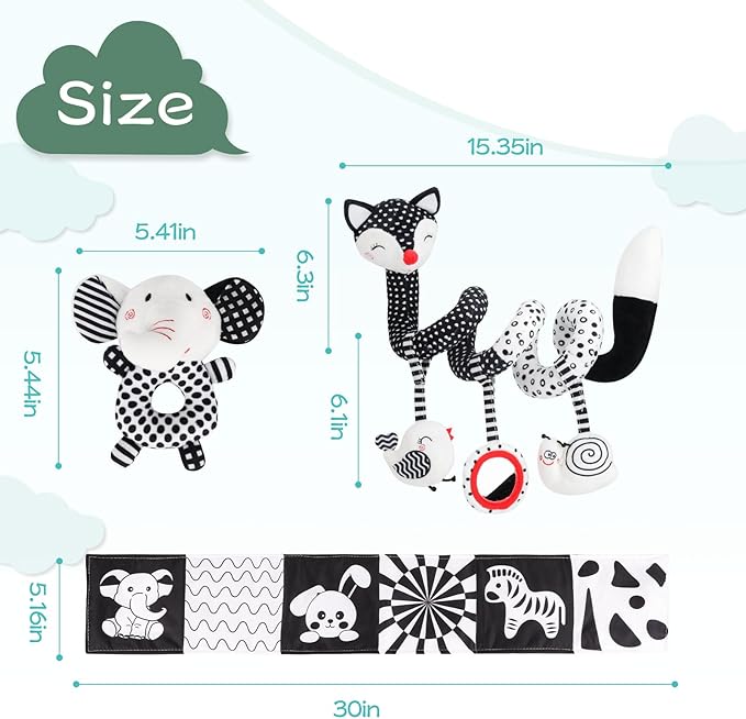 3 Pcs Car Seat Toys for Babies 0-6 Months,Black and White Baby Hanging Rattle Toys for Crib Mobile,High Contrast Baby Toys for Newborn Toys,Infant Sensory Toy Best Gift for 0-6 6-12months