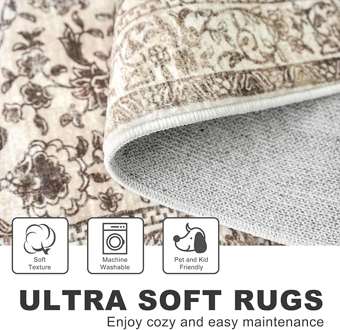 KILOCOCO Hallway Runner 2x6 Rug Runner Printed Vintage Floral Washable Kitchen Runners Non-Slip Rubber Backed Runners for Hallways Laundry Room Distressed Boho Rugs for Entryway Bedroom, Beige/Brown