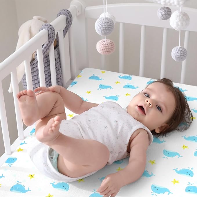 Pack n Play Flat Sheet 2 Piece Mini Crib Sheet Elastic Playard Sheet Set Portable Sheet Set Elastic Convertible Playmat Compatible Graco Pack n Play (Owl and Tree Bag) (Whale & Hedgehog)