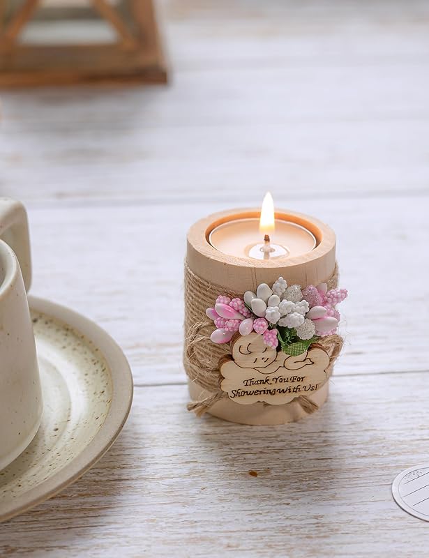 Ju's Favors Wooden Candle Holders (Set of 10), Baby Shower Favors, Candle Favors for Guests, Baby Christening Party Favors for Guests.(Light brown-pink)