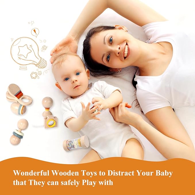 WODI Wooden Baby Toy 7pcs, Montessori Toys for Babies 0-3-6-12 Months, Toddler Hand Wooden Rattles Toy Set for Infant Grasping with Storage Bag, Sensory Development, Gift for Baby Boys Girls