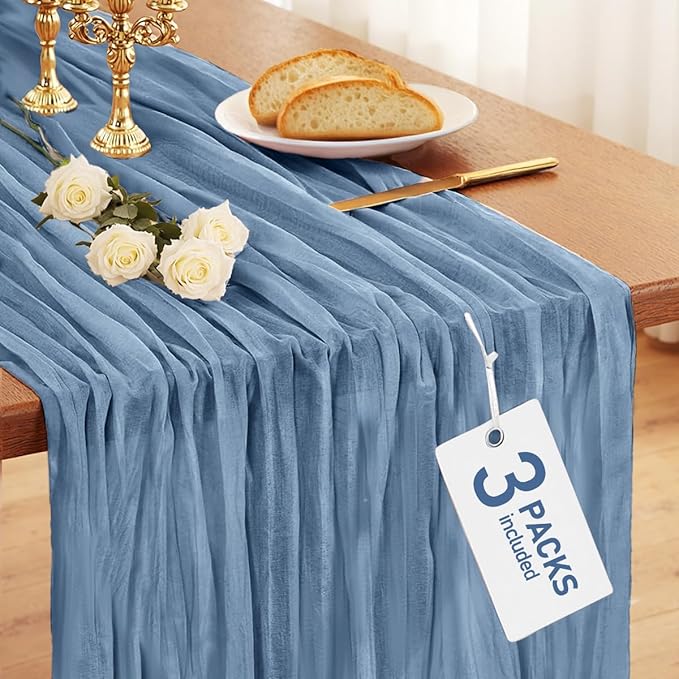 Pureegg 3-Pack Cheese Cloths Table Runner, 120'' Boho Table Cloth Decorations for Party, Baby Shower, Wedding and Farmhouse, Fabric Room Decor, Dusty Blue