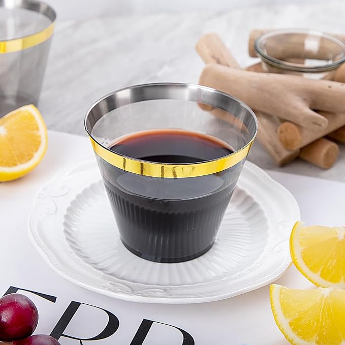 Superrnal 100pcs Gold and Black Plastic Cups 9OZ Elegant Gold Rimmed Clear Party Cups Fancy Disposable Wedding Cup Plastic Cup for Party,Gatherings, Afternoon Tea