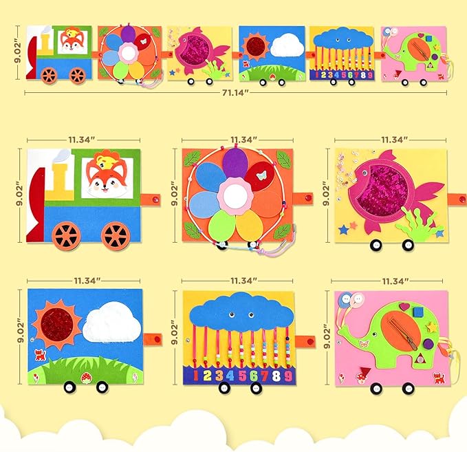 Montessori Busy Board, Cute Train Montessori Sensory Toys, Wall Activity Board for Toddlers 3+, Baby Travel Learning Toy