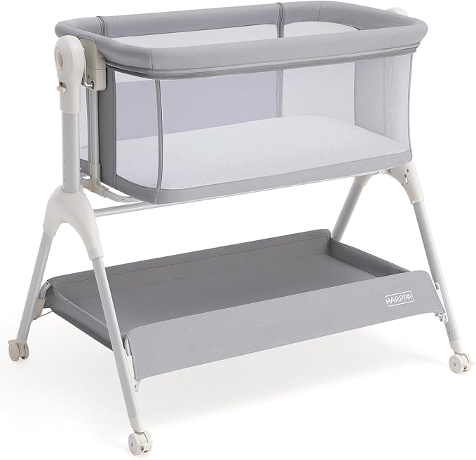 HARPPA Cuddly Rocking Bedside Bassinet for Baby, 3 in 1 Baby Bassinet with Wheels, Breathable Mesh, Adjustable Height Bedside Sleeper for Newborns, Grey