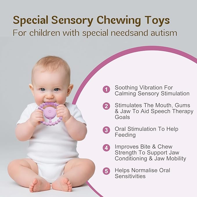 Vibrating Sensory Chew Toy for Babies & Autism Support - USB Rechargeable Baby Teething Toy with 3 Vibration Modes, Safe Silicone Chewers for Toddlers 6+ Months(Pink)