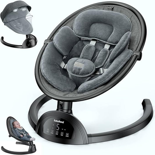 BabyBond Baby Swings for Infants, Bluetooth Infant Swing with Music Speaker, 3 Seat Positions, 5 Point Harness Belt, 5 Speeds and Remote Control - Portable Baby Swing for Indoor and Outdoor (Black)