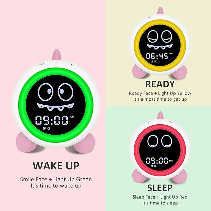 Kids Alarm Clock, Toddler Sleep Training Clock with Night Lights, Sound Machine, Time to Wake Dinosaur Alarm Clock for Children, Gift Ideas for Kids Toddler Boy Girl (Pink)