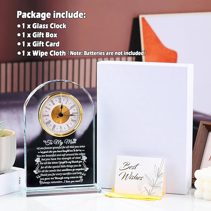 Crystal Desk Clock Gifts for Mom from Daughter Son Birthday Mother's Day I Love You Presents for Mommy Home Christmas Keepsakes for Her Table Decor