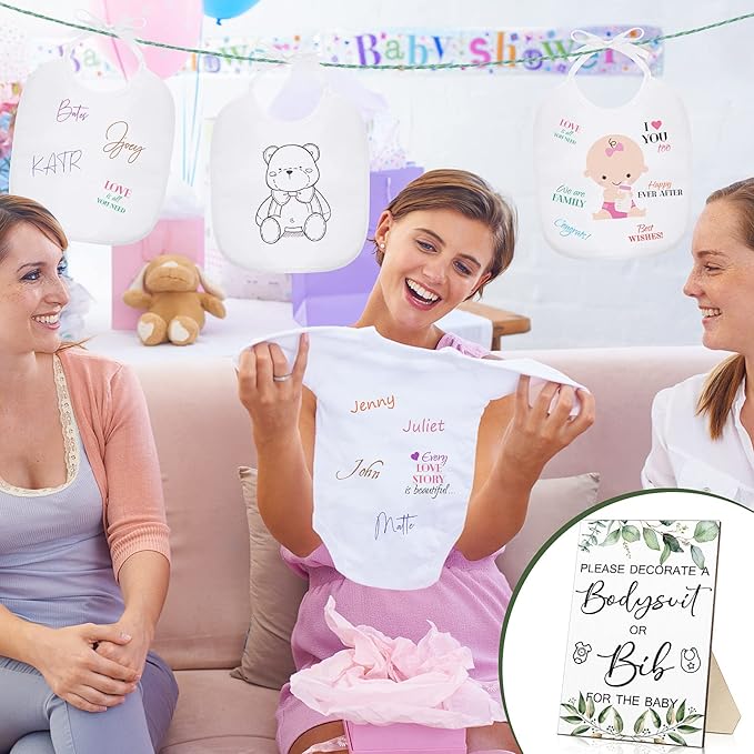 Roowest 35 Pcs Baby Shower Bibs Games Design Wooden Baby Shower Party Game Sign DIY Bodysuit Sign 15 White Blank Feeder Bibs 9 Newborn Bodysuit 10 Markers for Boys Girls(Greenery)