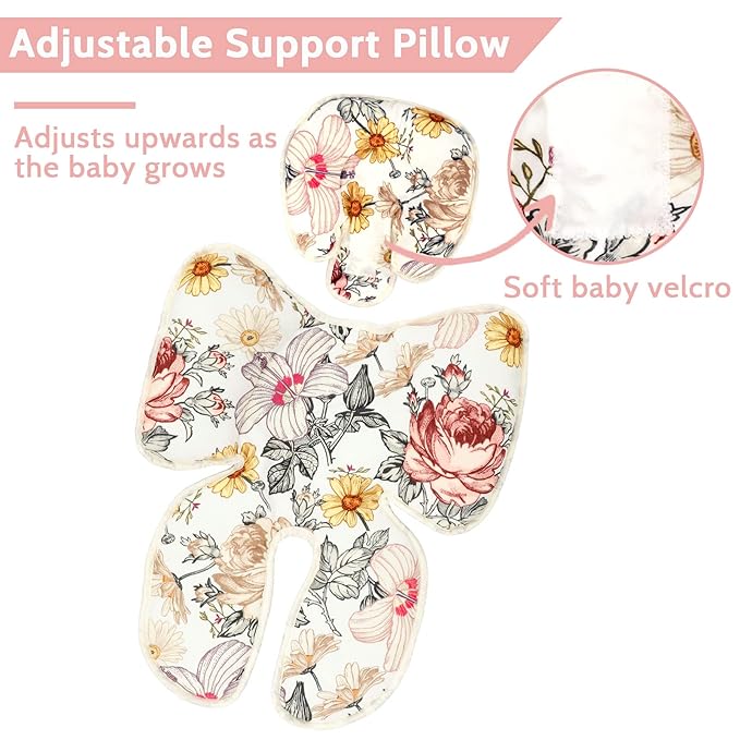 Floral Baby Car Seat Head and Body Support,2-in-1 Reversible CarSeat Insert,Soft Cushion for Stroller, Swing, Bouncer, Vintage Flowers