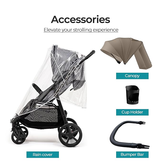Mompush Nova Baby Stroller for Toddler, Infant & Newborn | Spacious Seat & Lie-Flat Mode | Compact One-Hand Fold, UPF 50+ Canopy & All-Wheel Suspension | Includes Rain Cover & Cup Holder, Khaki