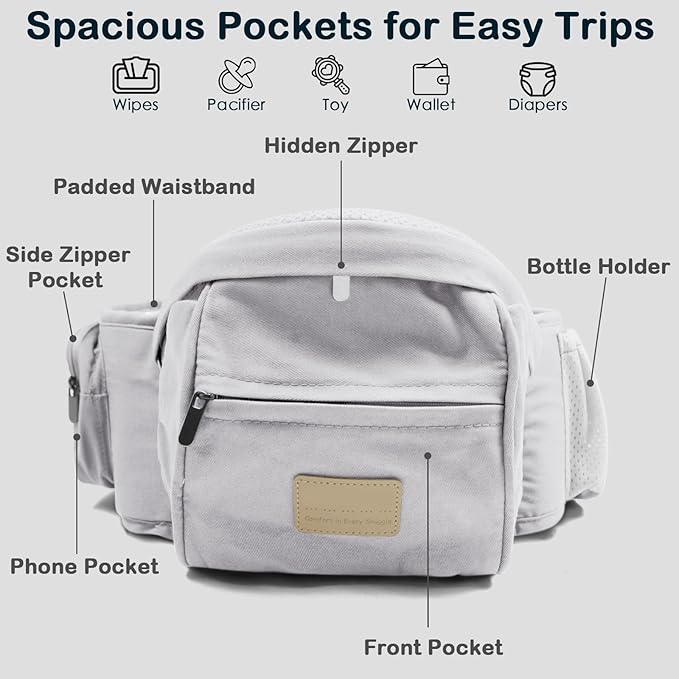 Baby Hip Seat Carrier, Adjustable Waistband with 3D Abdominal Support & Various Pockets Ergonomic Carrier for Newborns to Toddlers up to 33 lbs Medium Beige