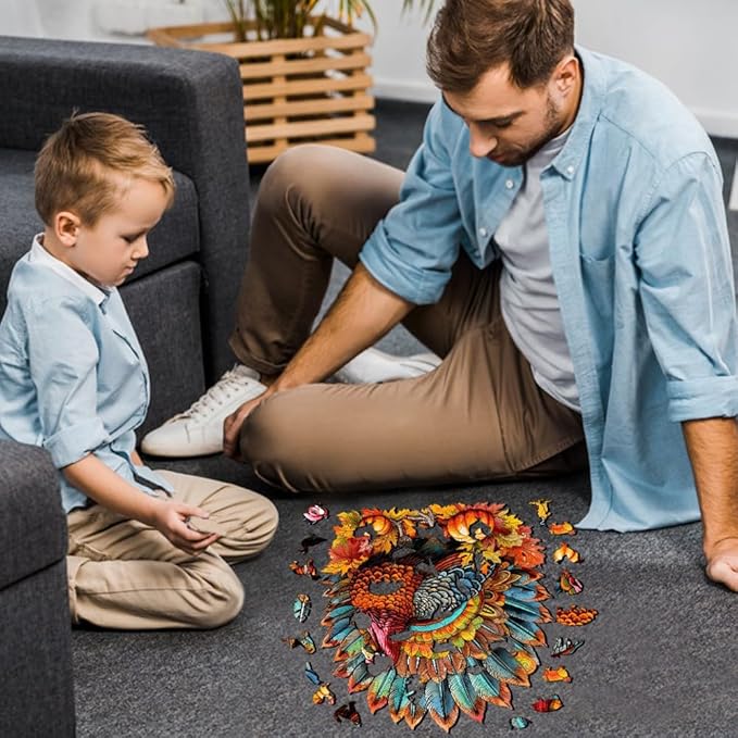 WOODBESTS Wooden Puzzle for Adults, Colorful Turkey Puzzle (M, 200pcs, 11.4"x10.3") Beautiful Wooden Box, Wooden Jigsaw Puzzles Unique Shape, Thanksgiving Gifts for Adults and Kids Family Game