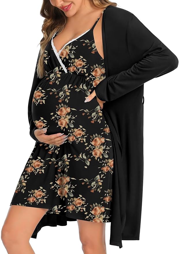 SWOMOG Womens Maternity Robe 2 Piece Nursing Nightgown for Breastfeeding 3 in 1 Labor Delivery Nursing Dress Lace Bathrobe