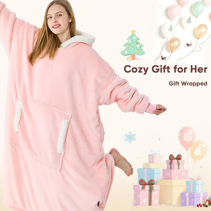 yescool Wearable Blanket Hoodie - Gifts for Women Her Girlfriend, Birthday Christmas Gifts For Mom, Oversized Flannel Sherpa Blanket Sweatshirt, One Size Fits All (Pink light)