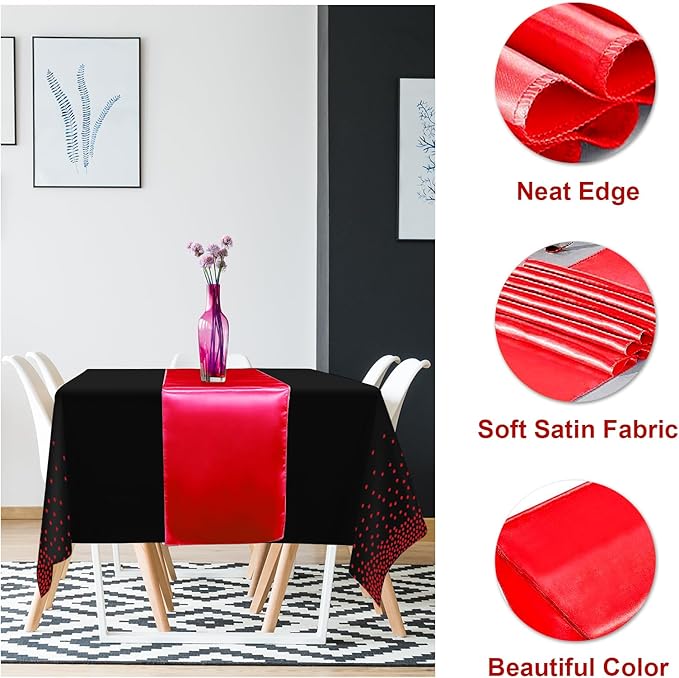 8Pack Disposable Plastic Party Tablecloths and Satin Table Runner Set Black and Red Dot Table Cloth Red Satin Table Runner for Wedding Birthday Baby Shower Anniversary Holiday Party Decorations