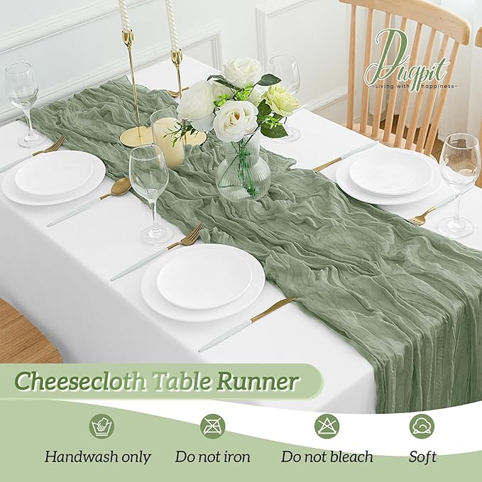 12Pack Sage Green Table Runner 35 x 120 inch Cheesecloth Table Runner 10FT Boho Gauze Cheese Cloth Table Runners Rustic Sheer Table Runners for Wedding Baby Shower Party Decor