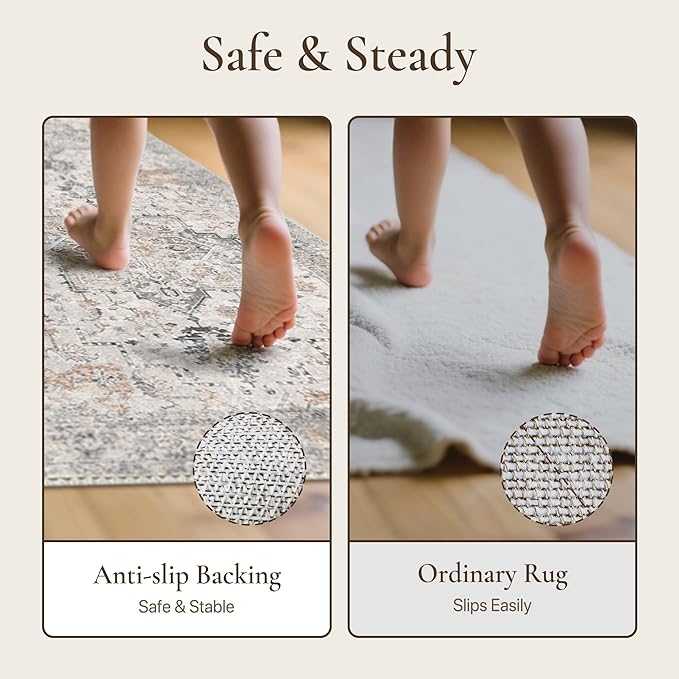 GENIMO Runner Rug 2x5 Non Slip Machine Washable Vintage Hallway Runner Rug, Low Pile Lightweight Rugs for Entryway, Hallway, Kitchen and Corridor, Light Taupe Brown