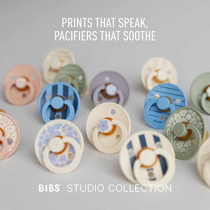 BIBS Pacifiers - Colour Studio 2 Pack | Round Nipple Baby Pacifier | BPA Free Natural Rubber Latex Soother | Made in Denmark | Size 6+ Months | Morning Bloom Ivory