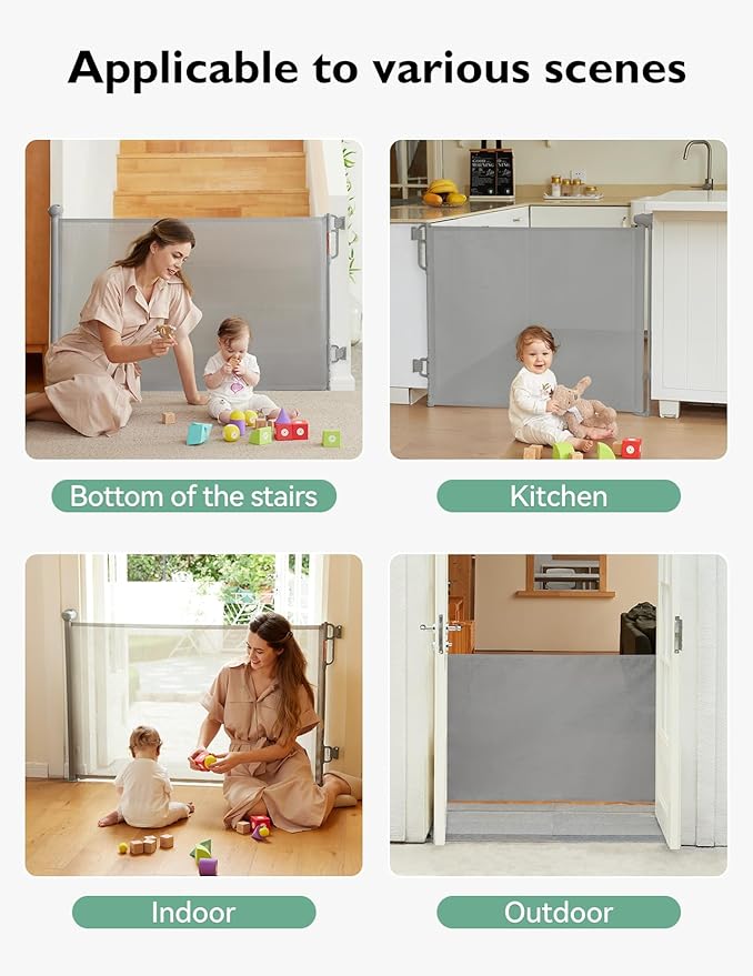 Momcozy Auto Lock Retractable Baby Gate, Safety Gate for Baby and Pet, 33” Tall, Extends to 55” Wide, Mesh Safety Dog Gate for Stairs, Indoor, Outdoor, Doorways, Hallways