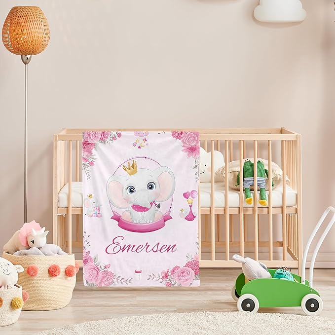 Personalized Baby Blanket with Name, Custom Pink Elephant Name Blanket Toddler Girls Soft Flannne Swaddling Blankets Customized Memorial Gift from Nana for Infant Newborn Shower