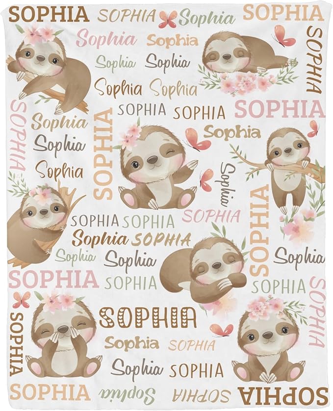 Personalized Baby Blanket for Girls Sloth Custom Baby Blankets with Name Dotted Backing Customized Gifts for New Mom Customize Baby Blanket for Kids Newborn Birthday