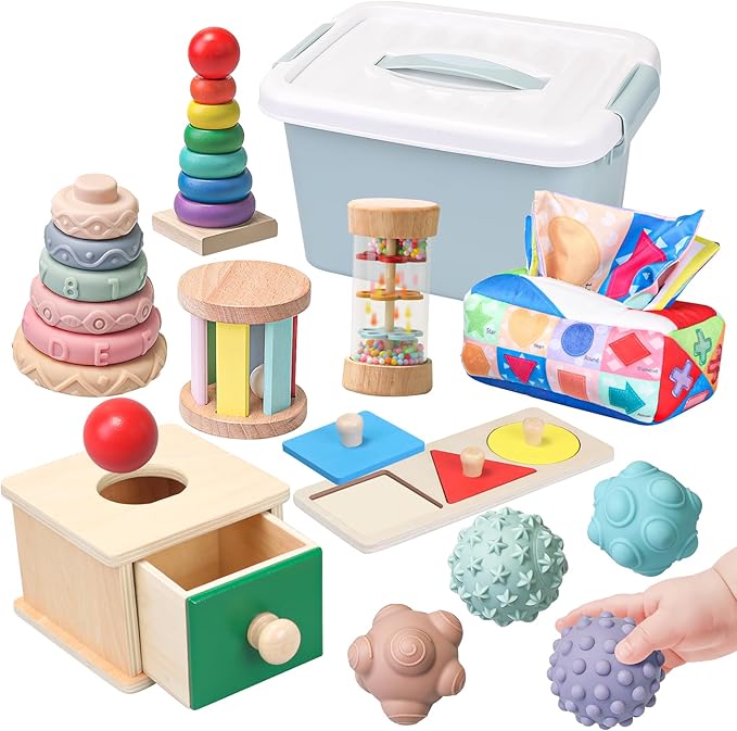 Montessori Toys for Babies 6-12 Months,1 Year Old,8 in 1 Learning Educational Set Wooden Sensory Toys for Baby Toys 12-18 Months (Includes Tissue Box Toy,Rainmaker and More)