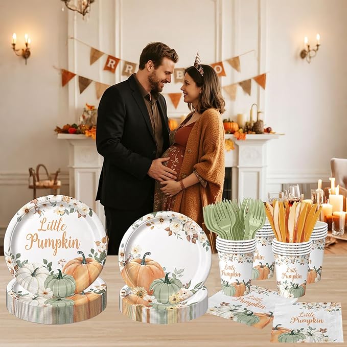 100 Pcs Little Pumpkin Baby Shower Party Decoration – Autumn Pumpkin & Floral Tableware Set with Plates, Napkins, Cups, Cutlery for Thanksgiving & Fall Baby Shower Decorations, Serves 20