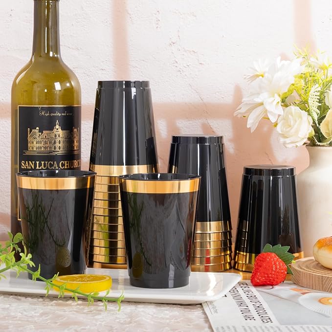 supernal 200pcs Black Plastic Cups 10oz – Disposable Cups with Gold Rim, Premium Black and Gold Plastic Cup, Disposable Cocktail for Wedding, Birthday, Halloween, Christmas & Thanksgiving Parties