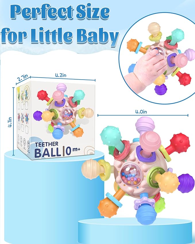 Baby Teething Toys for Babies Girl Toys Gifts, Rattles Chew Sensory Montessori Toys for Newborn Infants, Tummy Time Shower Gifts for Babies - Pink