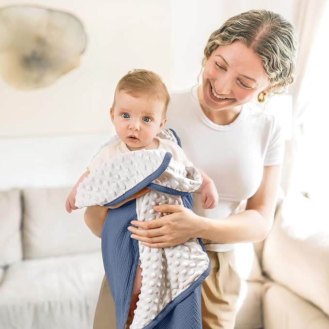 lulumoon Baby Blanket for Newborn Receiving: Minky Dot & Muslin Lightweight - Thermal Blanket Gift for Baby Shower & Hospital Welcoming 30"x40"(Blue)