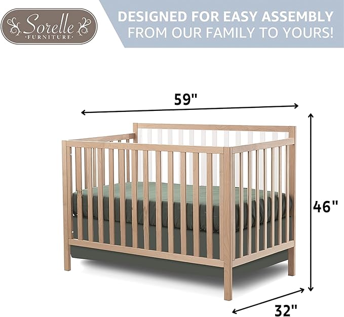 Sorelle Essex Euro 4-in-1 Convertible Crib & Changer – Nursery Furniture Set, Wooden Baby Crib with Non-Toxic Finish, Integrated, Toddler, Daybed, and Full-Size Bed Conversion Kit – White Natural