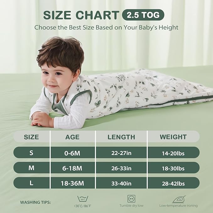 Mosebears Unisex Rayon Made from Bamboo Sleep Sack with 2-Way Zipper,2.5 Tog Baby Winter Sleep Sack(Plant,6-18 Months)