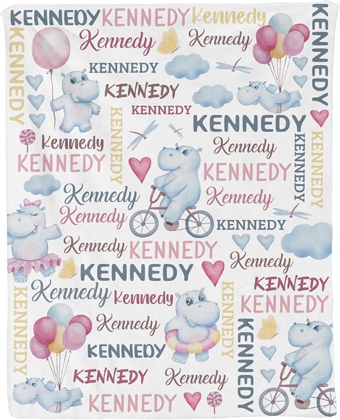 Personalized Baby Blanket for Girls Hippopotamus Custom Baby Blankets with Name Dotted Backing Customized Gifts for New Mom Customize Baby Blanket for Kids Newborn Birthday Pink