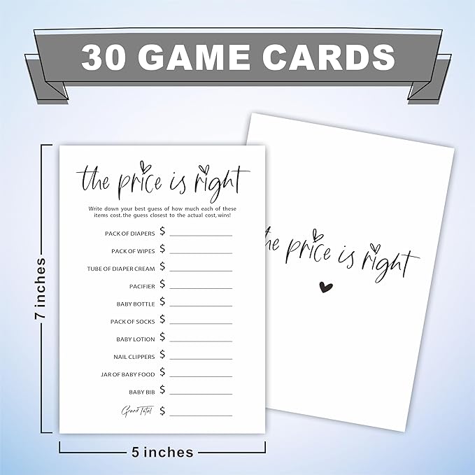 The Price Is Right Baby Shower Game Set - Classic White - 30 Double-Sided Fill In Style Game Cards, Gender Reveal, Baby Announcement, Party Favor & Supplies - B07
