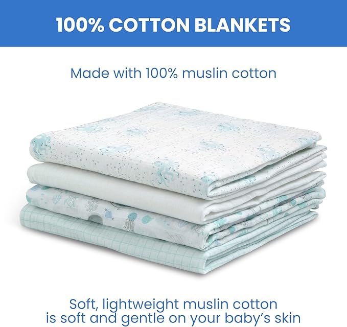Delta Children 100% Cotton Muslin Baby Receiving Blankets for Girls and Boys – 47x47 Inches (Pack of 4), Sea Life