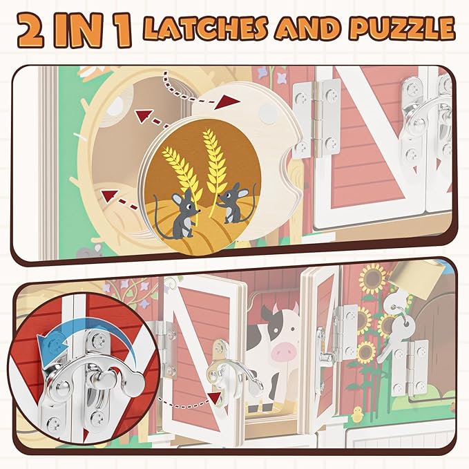 Wooden Latches Busy Board for 1-4 Year Old, Montessori Toys Sensory Toys for Toddler, Farm Theme Educational Busy Board for Kids, Activity Board Gift for Kids