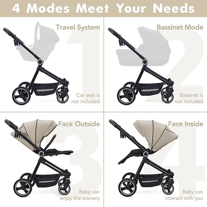 Baby Stroller, High Landscape Pushchair with Reversible Seat, One-Hand Fold and Cup Holder, 4 Modes Convertible Toddler Stroller with Storage Basket, Adjustable Footrest and Canopy, Beige