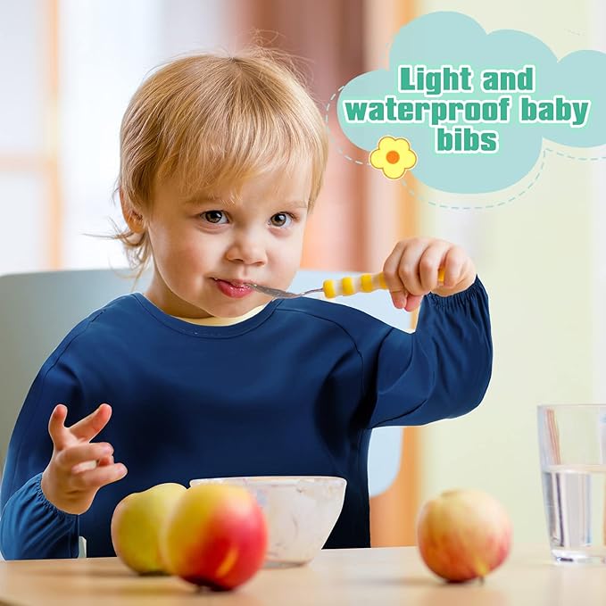 Jeyiour 6 Pack Long Sleeve Baby Bibs Mess Proof Bib Washable Feeding Bib Waterproof Smock Bib for Infant Toddler 6-24 Months