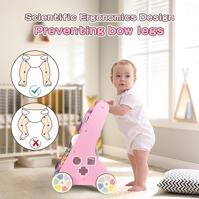 LOL-FUN Wooden Baby Walker With Wheels for Girls 12 Months - Pink Push Toy for 1 Year Old Walking