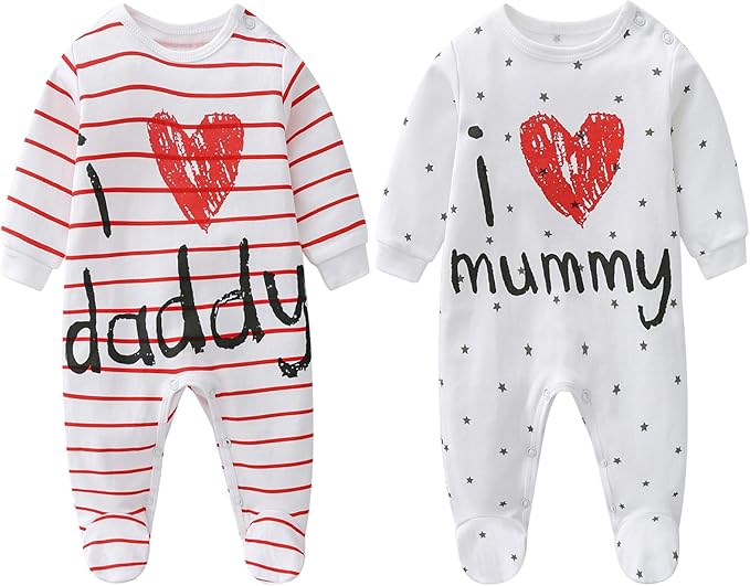 2-Pack Baby Clothes Newborn Bodysuits I Love Daddy &Mummy Romper, Cotton Footed Pajamas for Baby Boys and Girls