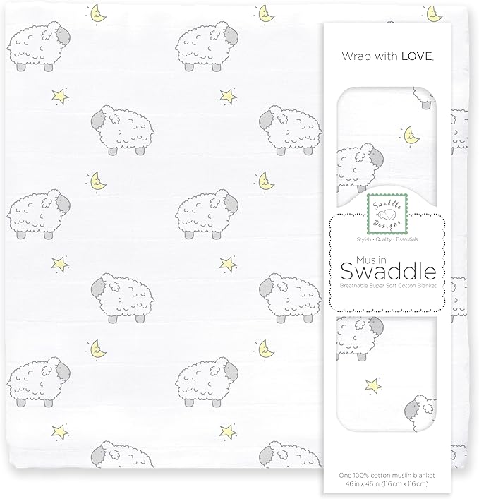 SwaddleDesigns Cotton Muslin Swaddle Blanket, Receiving Blanket for Boys & Girls, Best Shower Gift, 46x46 inches, Little Lambs, Sterling
