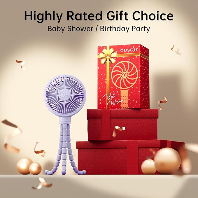 GUSGU Stroller Fan Clip on for Baby, Flexible Tripod & Rechargeable Battery, Small Personal Fan, Mini Portable Fan for Travel, Handheld, Car (Purple)