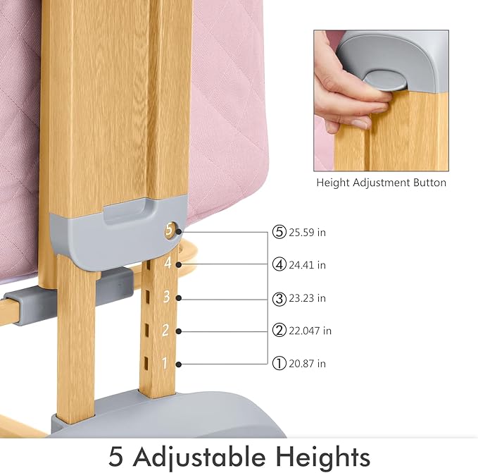 Bassinet Bedside Sleeper, Rocking Bassinets with Comfy Mattress and Wheels for Newborn, 5-Height Adjustable (Pink)