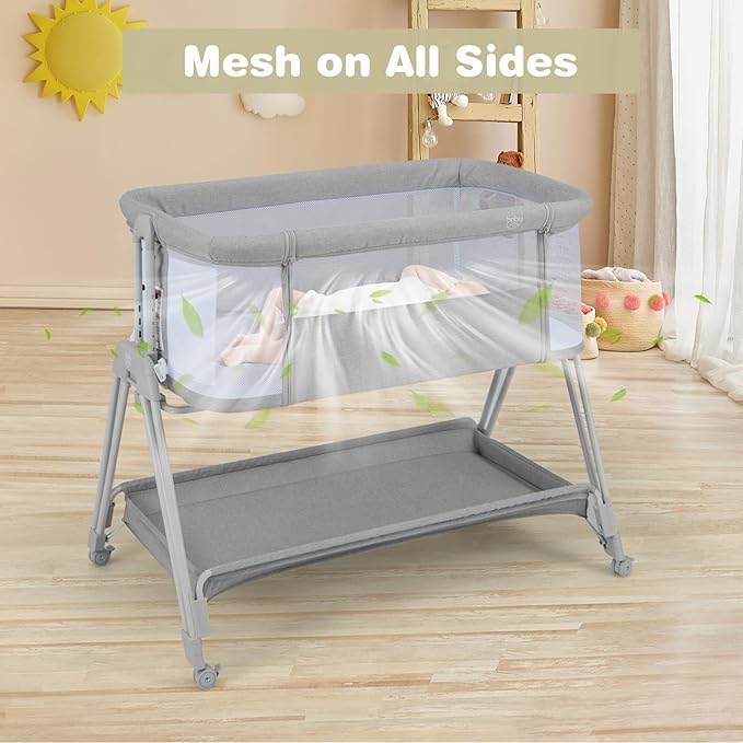 BABY JOY Bassinet Bedside Sleeper, Easy Folding Baby Crib w/All-Side Mesh, Storage Shelf, 7 Adjustable Heights, Mattress & Travel Bag for Safe Co-Sleeping, Portable Baby Bed for Newborn Infant -Gray