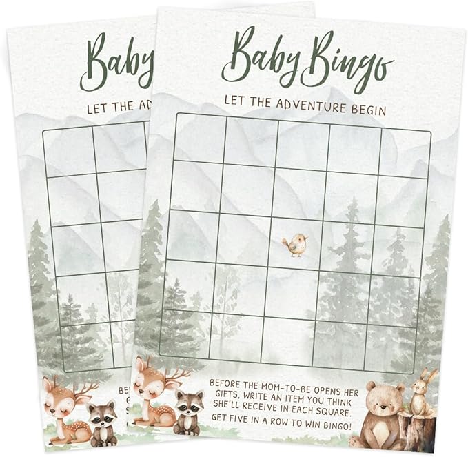 Printed Party Woodland Baby Shower Games for Boy – Set of 4 Games for 30 Guests, Forest Animal Theme, Includes Bingo, Mommy Trivia, Emoji Storybook, and Guess Who
