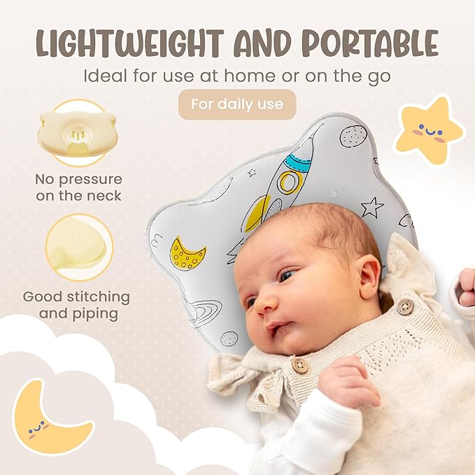 Soft and Breathable Baby Pillow with Memory Foam and Bear Design (White Cosmic)